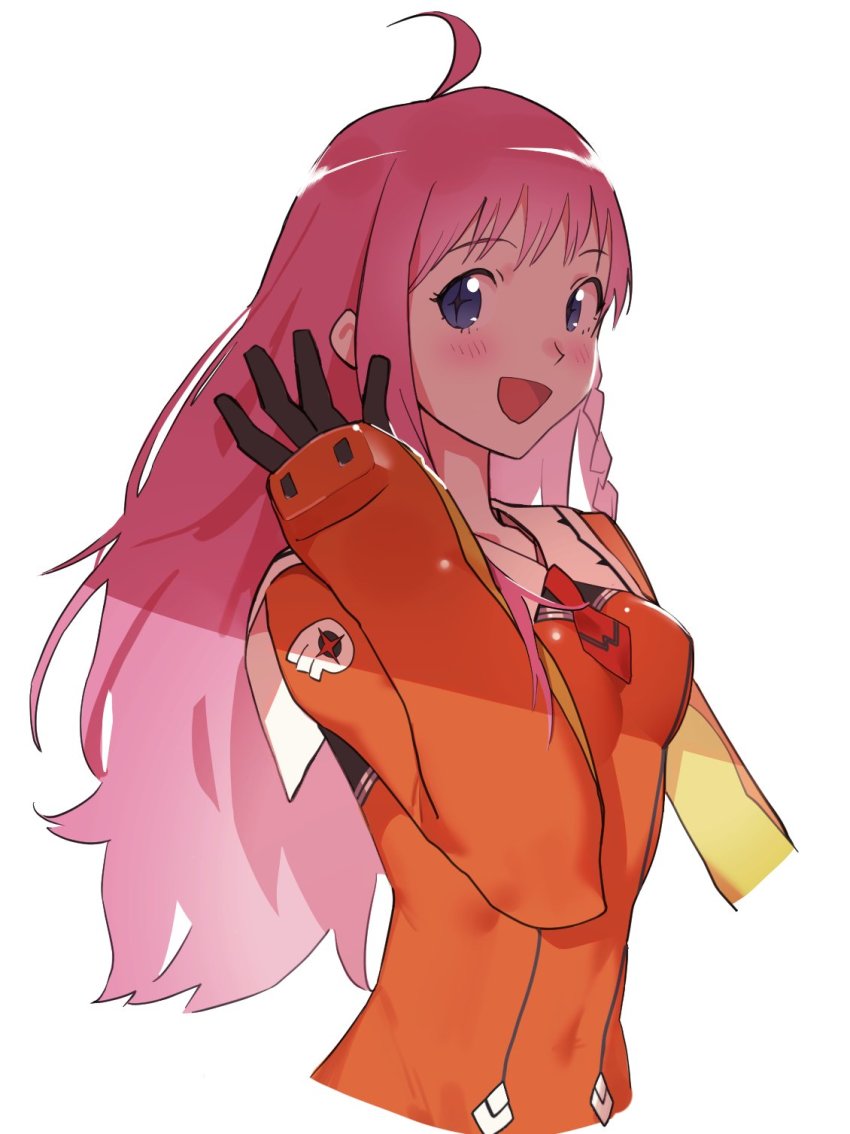 +_+ 1girl black_gloves blue_eyes blush braid breasts cropped_torso cross-shaped_pupils gloves highres logknn long_hair long_sleeves looking_at_viewer medium_breasts necktie nono_(top_wo_nerae_2!) open_mouth pink_hair red_necktie sailor_collar side_braid simple_background solo symbol-shaped_pupils top_wo_nerae!_(series) top_wo_nerae_2! upper_body very_long_hair white_background white_sailor_collar