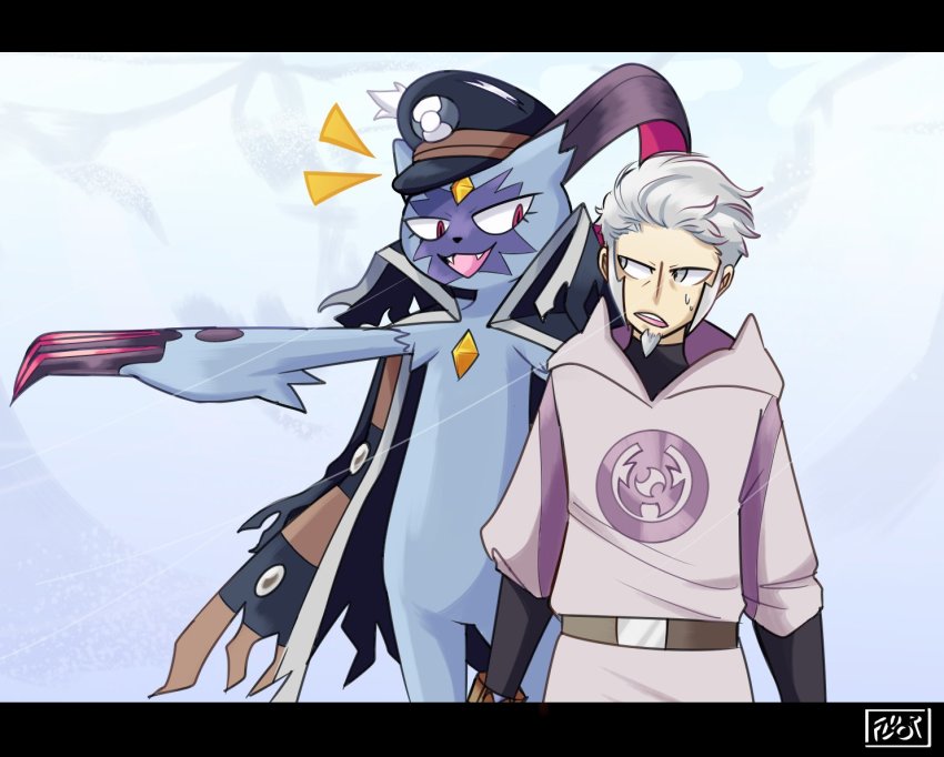 1boy :&gt; :&lt; black_coat black_headwear claws clothed_pokemon coat commentary english_commentary facial_hair fangs fluorart frown goatee grey_eyes grey_hair hat ingo_(pokemon) letterboxed looking_at_another nintendo open_mouth overcoat peaked_cap pearl_clan_outfit pointing pokemon pokemon_(creature) pokemon_legends:_arceus red_eyes short_hair sideburns signature smile sneasler undershirt unworn_coat unworn_hat unworn_headwear upper_body
