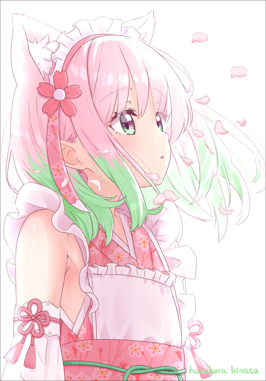 1girl animal_ear_fluff animal_ears artist_name bare_shoulders blush cat_ears cat_girl colored_tips commentary_request detached_sleeves extra_ears falling_petals green_hair hazakura_hinata highres hinata_(hazakura_hinata) japanese_clothes kimono looking_to_the_side multicolored_hair obi obijime original parted_lips petals pink_eyes pink_hair pink_kimono sash short_hair simple_background sleeveless sleeveless_kimono solo two-tone_hair upper_body white_background white_sleeves