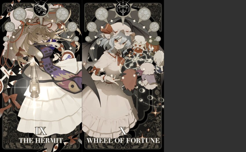 2girls arrow_(symbol) ascot bat_wings black_border black_trim blue_hair border bow breasts brooch card_(medium) closed_mouth collared_shirt commentary_request dress english_text flandre_scarlet floating_hair frilled_shirt_collar frills fumo_(doll) gap_(touhou) hair_between_eyes hair_bow hat hat_ribbon highres holding holding_lamp holding_umbrella hong_meiling izayoi_sakuya jewelry juliet_sleeves koakuma large_breasts lens_flare long_dress long_hair long_sleeves looking_at_viewer mob_cap multiple_girls multiple_hair_bows oil_lamp parasol patchouli_knowledge pink_shirt pink_skirt puffy_short_sleeves puffy_sleeves rcs_4 red_ascot red_bow red_eyes red_nails red_ribbon remilia_scarlet ribbon road_sign shirt short_hair short_sleeves sign skirt skirt_set smile tabard tarot tarot_(medium) the_hermit_(tarot) touhou umbrella very_long_hair wheel_of_fortune_(tarot) white_dress white_hat wide_sleeves wings wrist_cuffs yakumo_yukari yin_yang yin_yang_print
