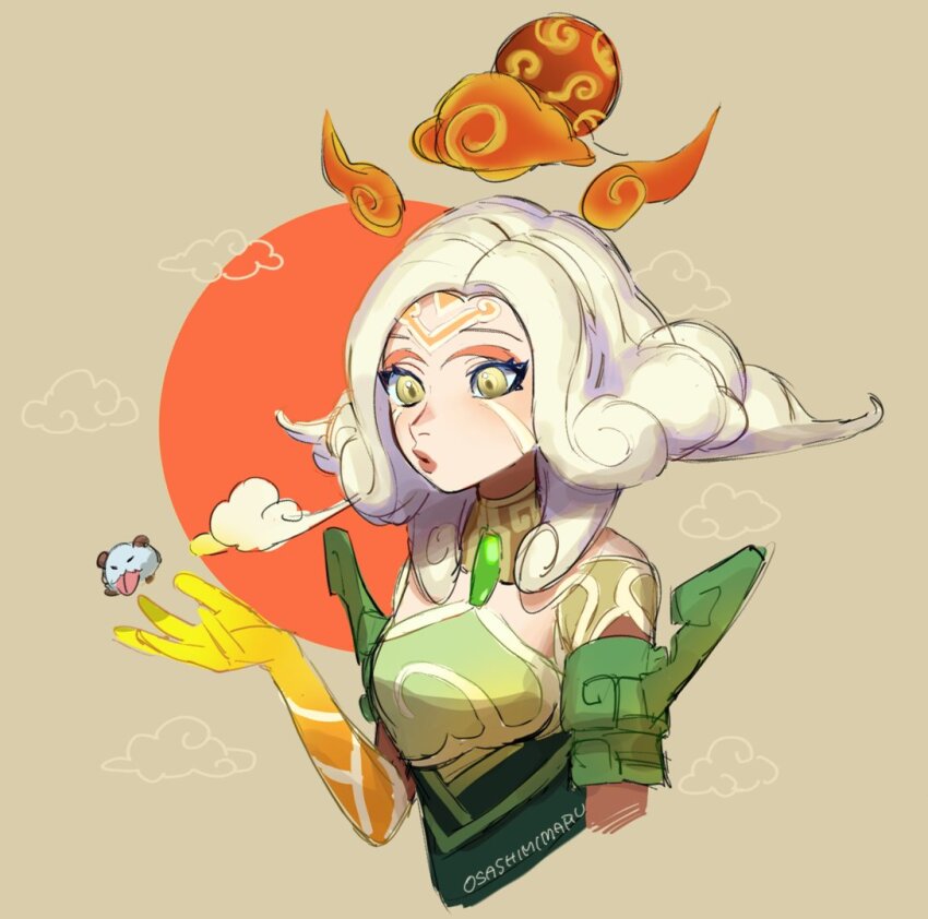 1girl artist_name blush breasts brown_background brown_eyes cloud colored_skin cropped_torso dress green_dress league_of_legends long_hair medium_breasts neeko_(league_of_legends) parted_bangs poro_(league_of_legends) red_background shan_hai_scrolls_neeko solo upper_body white_hair wosashimi yellow_skin