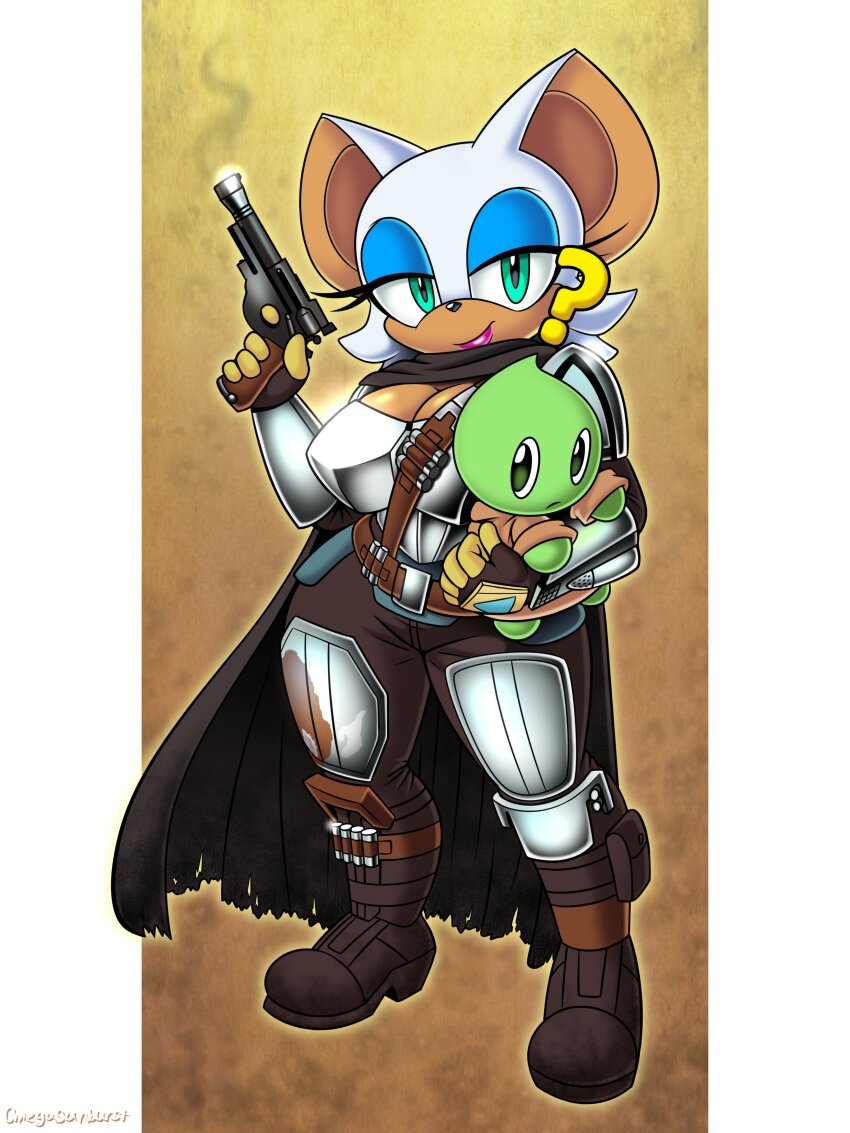 absurdres animal_ears artist_name bat_ears bat_girl chao_(sonic) commentary cosplay din_djarin din_djarin_(cosplay) english_commentary grogu grogu_(cosplay) highres holding mandalorian mandalorian_helmet omegasunburst rouge_the_bat sonic_(series) star_wars the_mandalorian