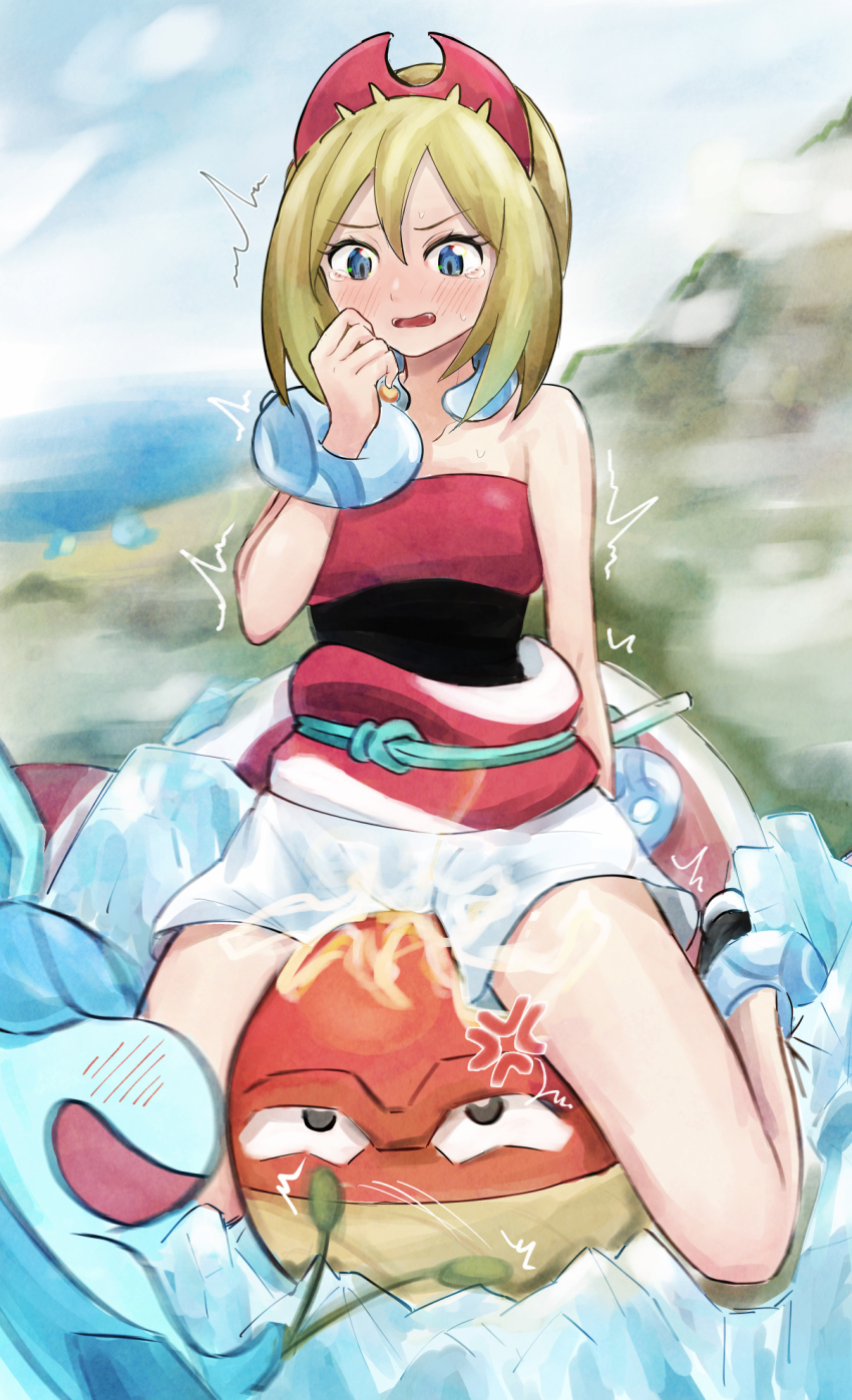 angry blonde_hair blue_eyes blush bracelet electricity electrostimulation gen_1_pokemon gen_4_pokemon glaceon headband headgear highres hisuian_voltorb irida_(pokemon) jewelry looking_down mokataki nintendo open_mouth outdoors pokemon pokemon_(creature) pokemon_legends:_arceus tears traditional_clothes trembling