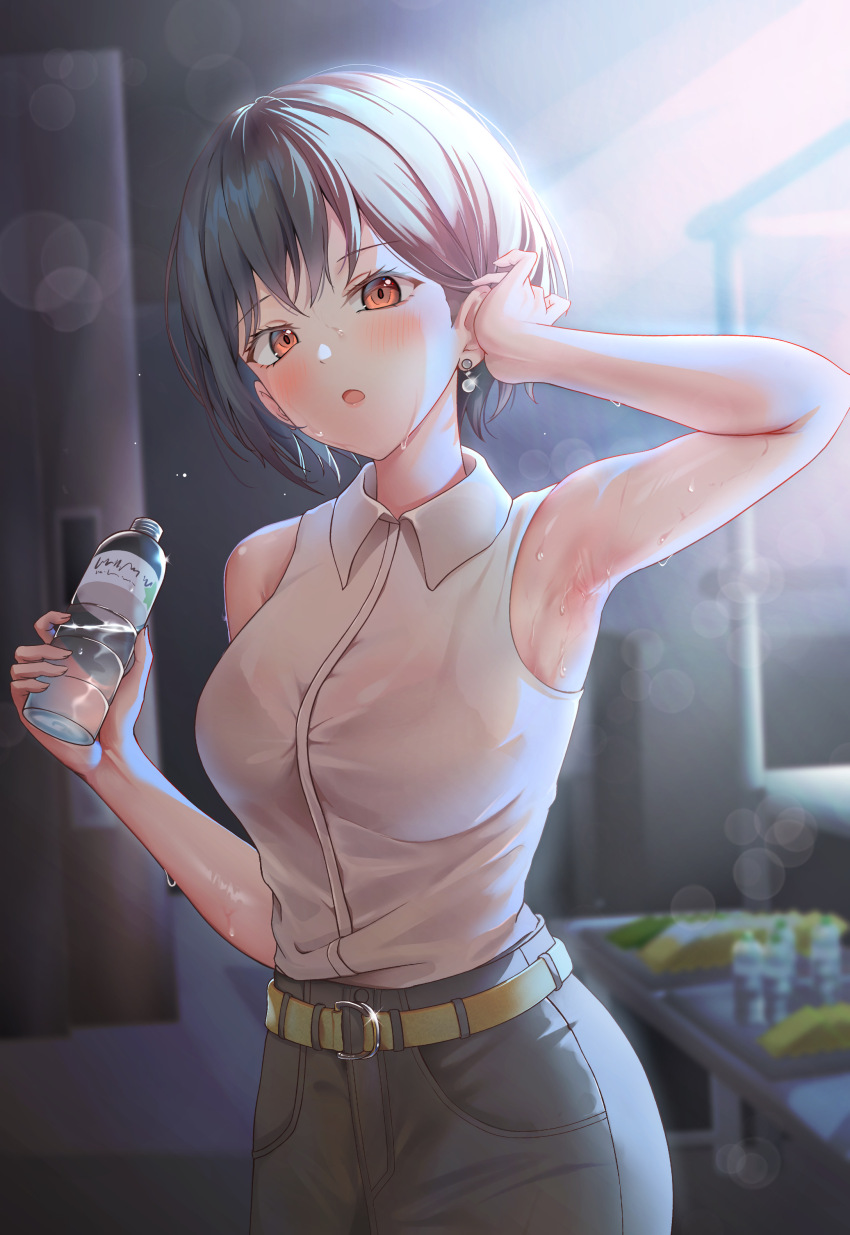 1girl absurdres armpits backlighting bang_dream! bang_dream!_it&#039;s_mygo!!!!! bare_arms bare_shoulders belt black_bra black_hair blurry blurry_background blush bottle bra bra_visible_through_clothes breasts collared_shirt commentary_request earrings furiousghafo glint grey_skirt hair_behind_ear hands_up head_tilt highres holding holding_bottle indoors jewelry looking_at_viewer medium_breasts o-ring o-ring_belt orange_eyes parted_lips shelf shirt shirt_tucked_in short_hair skirt sleeveless sleeveless_shirt solo standing steaming_body sweat sweaty_clothes takamatsu_tomori tray tucking_hair underwear water water_bottle wet wet_clothes wet_shirt white_shirt yellow_belt
