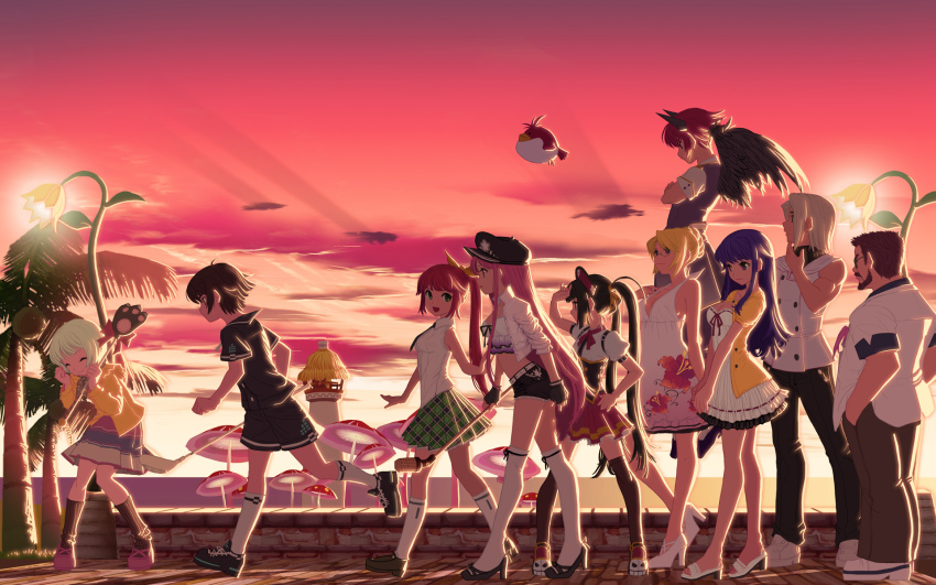 4boys 6+girls arin azer bird black_hair black_socks black_thighhighs black_wings blonde_hair blue_eyes blue_hair breasts brown_hair cecilia cecilia_(pangya) closed_eyes everyone fingerless_gloves glasses gloves golf golf_club green_eyes hair_bun hair_ribbon hana hana_(pangya) hand_on_own_hip hat high_heels highres kamdia kaz kooh lighthouse long_hair lucia lucia_(pangya) max max_(pangya) medium_breasts microphone midriff multiple_boys multiple_girls mushroom nell_(pangya) nuri official_art official_wallpaper pangya pink_hair purple_eyes red_eyes red_hair ribbon shoes short_hair short_shorts shorts silver_hair single_hair_bun skirt sky small_breasts socks sunset thighhighs trap twintails white_thighhighs wings