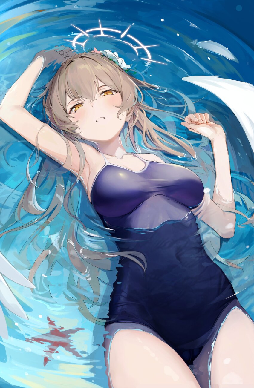 absurdres angel_wings blue_archive braid breasts brown_eyes brown_hair cameltoe collarbone covered_navel crown_braid dampi flower hair_between_eyes hair_flower hair_ornament hair_spread_out halo head_tilt highres long_hair looking_at_viewer medium_breasts nagisa_(blue_archive) ocean one-piece_swimsuit starfish swimsuit thighs very_long_hair water wings