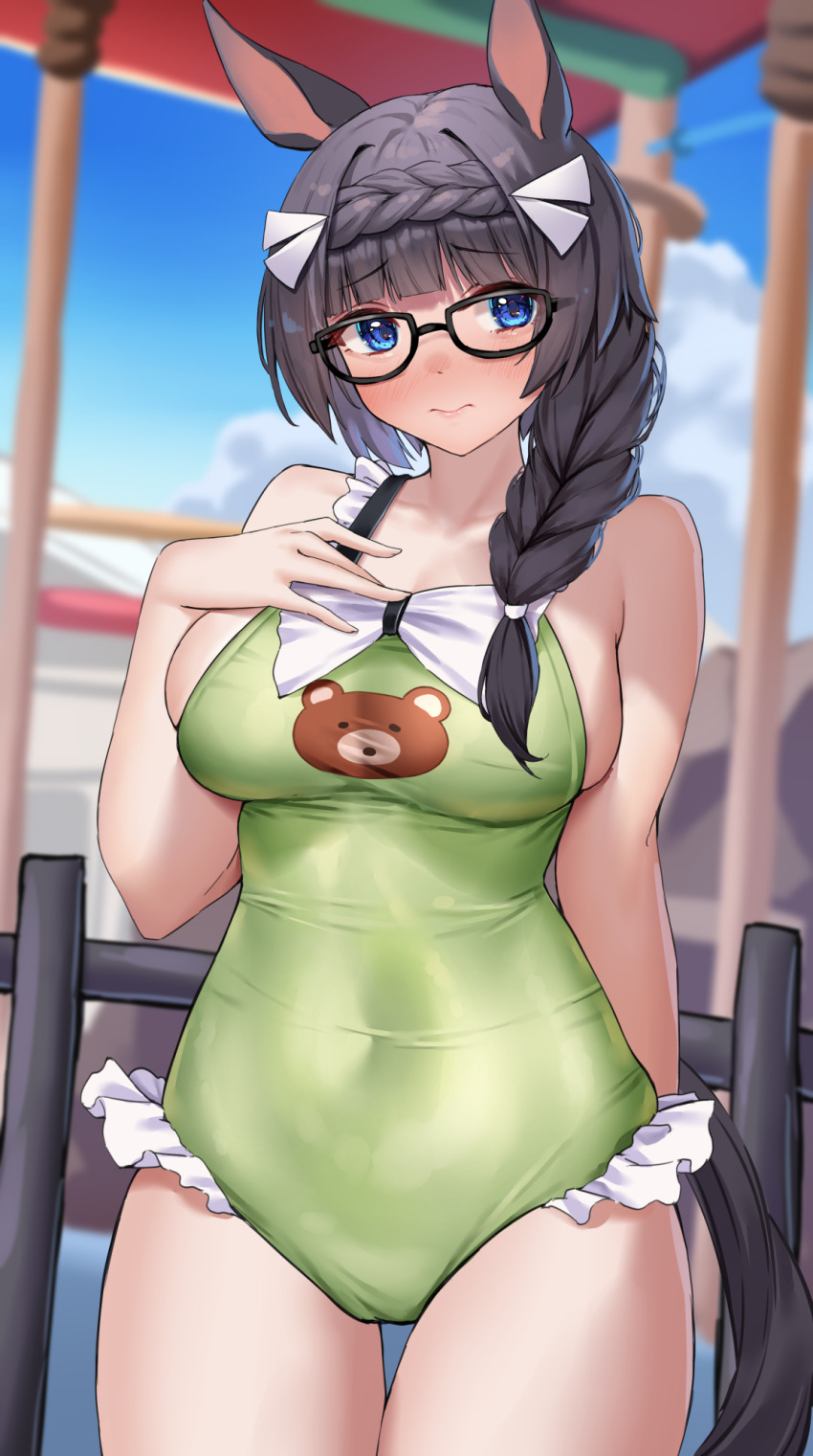 1girl animal_ears blue_eyes blue_sky braid braided_ponytail breasts cloud commentary_request covered_navel day glasses green_one-piece_swimsuit highres horse_ears horse_girl horse_tail large_breasts looking_at_viewer one-piece_swimsuit outdoors sky solo swimsuit tabunshake tail umamusume zenno_rob_roy_(umamusume)