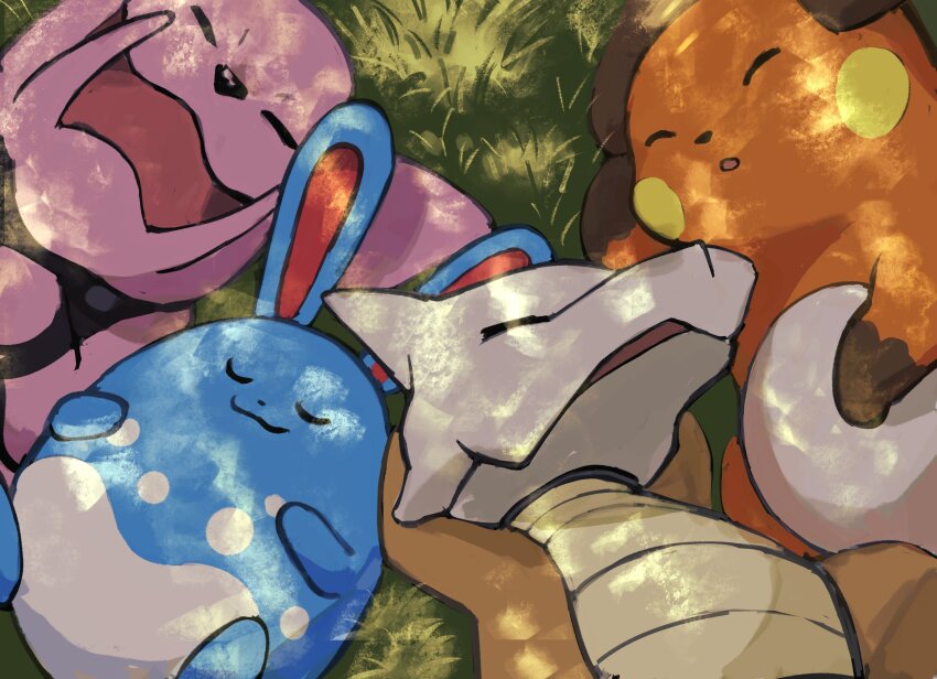 arm_up azumarill bishamon_(usagi_ba) blue_skin closed_eyes closed_mouth colored_skin commentary_request dappled_sunlight dark_skin dot_nose gen_1_pokemon gen_2_pokemon granbull grass highres lying marowak nintendo no_humans on_back on_side open_mouth orange_skin pink_skin pokemon pokemon_(creature) raichu sleeping sunlight tusks