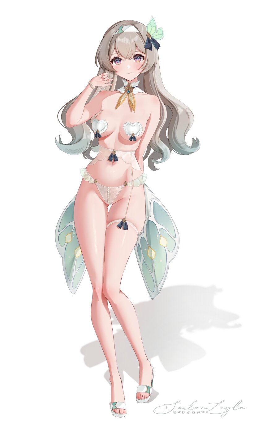 1girl absurdres aqua_hair arm_behind_back blush breasts breasts_apart closed_mouth collar collarbone commentary detached_collar english_commentary fingernails firefly_(honkai:_star_rail) full_body gradient_hair grey_hair hair_between_eyes hairband hand_up heart_pasties highres honkai:_star_rail honkai_(series) instagram_logo jewelry long_hair medium_breasts multicolored_hair navel necklace pasties patreon_logo pearl_necklace pearl_thong purple_eyes sailorleyla shadow signature simple_background smile solo standing stomach thigh_strap tiktok_logo toenails twitch_logo twitter_logo very_long_hair white_background white_collar white_hairband youtube_logo