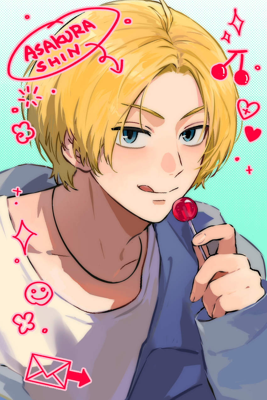 1boy 5a1_uei :q absurdres blonde_hair blue_background blue_eyes blue_jacket blush candy character_name chopsticks collarbone dotted_background food highres holding holding_candy holding_chopsticks holding_food holding_lollipop jacket jewelry lollipop looking_at_viewer male_focus necklace sakamoto_days shin_(sakamoto_days) shirt short_hair solo tongue tongue_out upper_body white_shirt