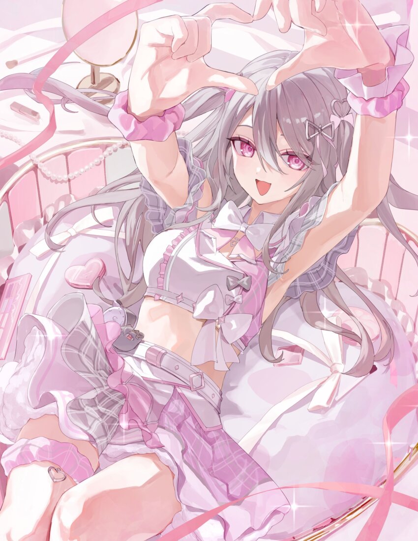 1girl absurdres belt crop_top grey_hair heart heart_hands highres lying original pink_eyes roena skirt solo stomach thigh_strap wrist_cuffs
