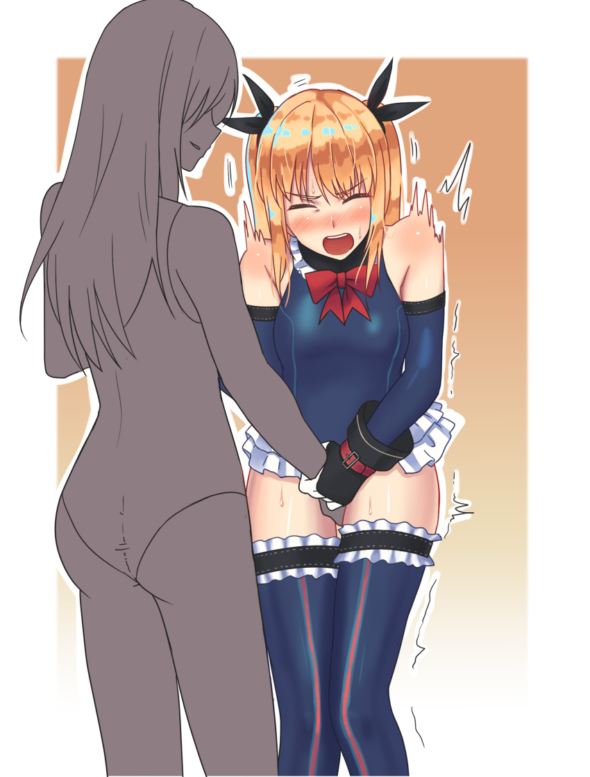 2girls absurdres black_ribbon blonde_hair blue_one-piece_swimsuit blue_sleeves blue_thighhighs blush breasts dead_or_alive dead_or_alive_5 detached_sleeves frilled_one-piece_swimsuit frilled_thighhighs frills gloves hair_ornament hair_ribbon highleg highleg_one-piece_swimsuit highres leotard long_hair looking_at_viewer marie_rose marie_rose_(devilish_servant_against_the_splashing_waves) mikaze_(87707422) multiple_girls one-piece_swimsuit open_mouth pain rape ribbon ryona small_breasts sweat swimsuit thighhighs twintails x_hair_ornament yuri