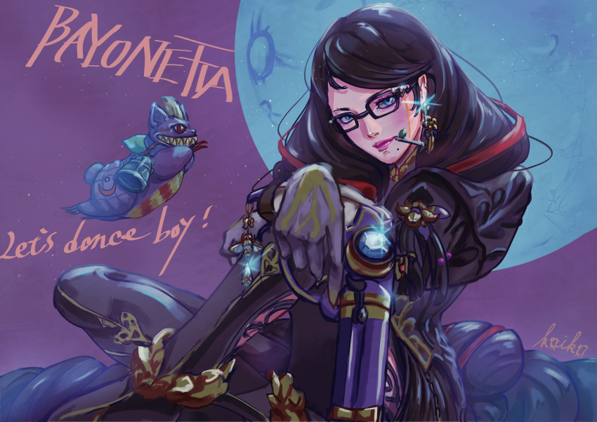 1girl absurdres artist_name bayonetta bayonetta_(series) bayonetta_3 black_hair blue_eyes catchphrase character_name commentary earrings glasses gloves gun highres holding holding_gun holding_weapon jewelry kaiko_pekoe long_hair mole mole_under_mouth moon weapon witch