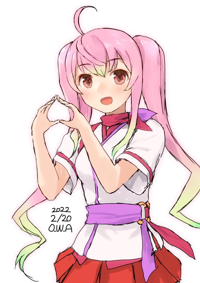1girl ahoge artist_name commentary_request cowboy_shot dated employee_uniform flight_attendant gradient_hair green_hair highres kantai_collection long_hair momo_(kancolle) multicolored_hair name_connection one-hour_drawing_challenge owa_(ishtail) peach_(airline) pink_hair pun red_eyes red_scarf red_skirt scarf shirt simple_background skirt solo spade_hands travel_attendant twintails upper_body white_background white_shirt