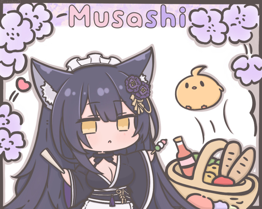 1girl animal_ear_fluff animal_ears apron artist_name azur_lane baguette basket black_kimono bottle bread breasts character_name chibi chibi_only cleavage commentary flower folded_fan folding_fan food fox_ears frilled_apron frilled_hairband frills futaba_(anti_clockwise) hair_flower hair_ornament hairband hand_fan holding holding_fan japanese_clothes kimono kitsune large_breasts looking_at_viewer low_neckline maid maid_headdress manjuu_(azur_lane) musashi_(azur_lane) musashi_(violet_moonglow)_(azur_lane) official_alternate_costume purple_flower solo symbol-only_commentary wa_maid yellow_eyes