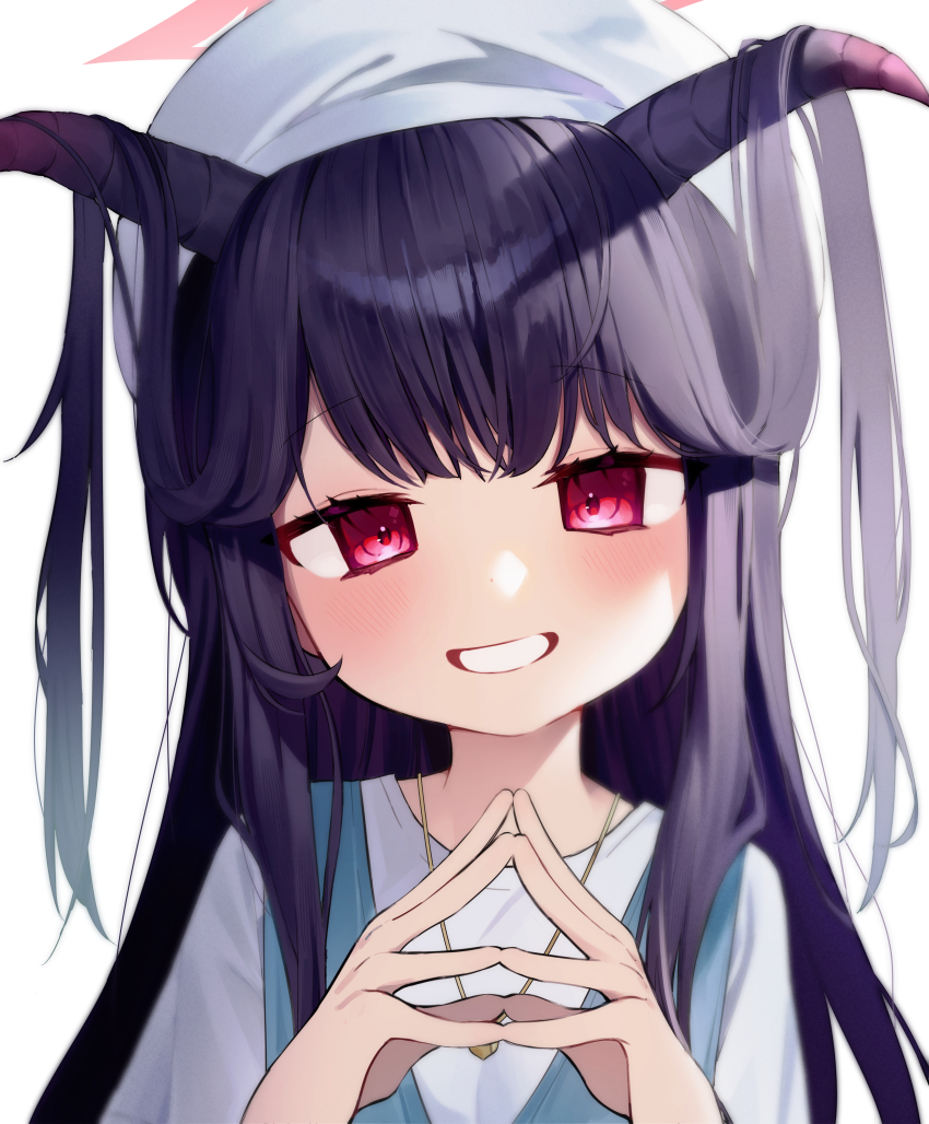 1girl absurdres blue_archive fuuka_(blue_archive) fuuka_(casual)_(blue_archive) halo highres horns long_hair purple_eyes simple_background smile solo syuerito_99 upper_body white_background