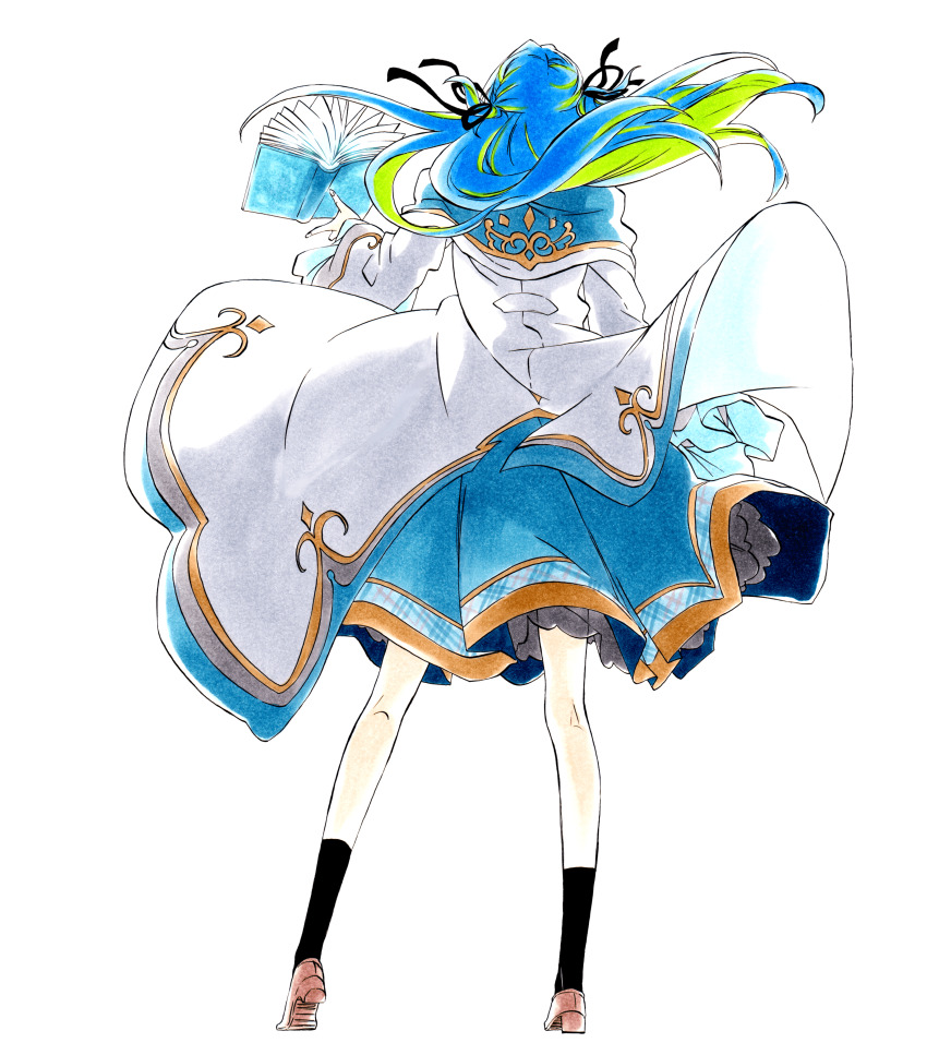 1girl absurdres back black_socks blue_hair blue_skirt book brown_footwear floating floating_book floating_clothes floating_hair floating_object green_hair hair_ribbon highres hiyoku_no_crosspiece jacket ken&#039;ichi_(ken1ro_u) long_sleeves multicolored_hair nanashi_inc. open_book puffy_sleeves ribbon skirt socks solo streaked_hair suzumi_nemo suzumi_nemo_(1st_costume) tiptoes two-tone_hair virtual_youtuber white_jacket