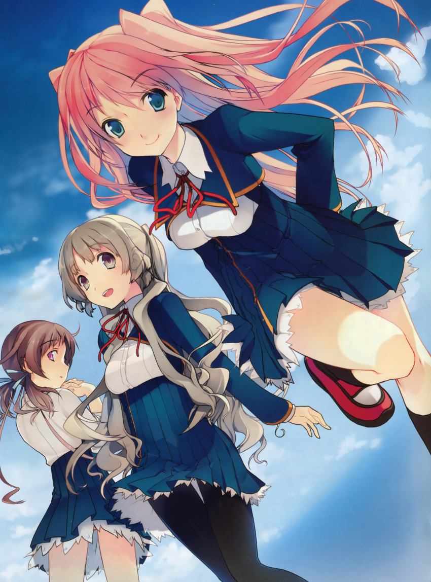 10s 3girls absurdres akinashi_yuu aomi_isara brown_hair framed_breasts highres kiba_mifuyu koi_to_senkyo_to_chocolate long_hair multiple_girls panties pantyhose pink_hair ribbon school_uniform sleeves_pushed_up smile sumiyoshi_chisato thigh_gap underwear