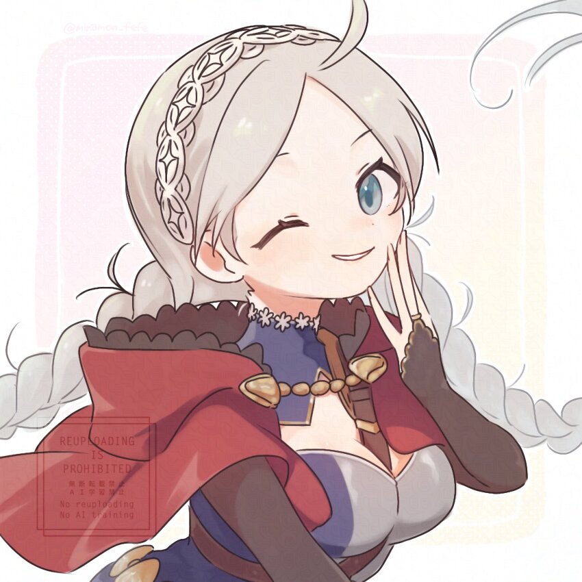 1girl ahoge between_breasts blue_eyes border braided_twintails breasts bridal_gauntlets capelet cleavage commentary_request dot_nose fire_emblem fire_emblem_fates grey_hair highres long_hair looking_at_viewer medium_breasts nina_(fire_emblem) nintendo one_eye_closed outside_border red_capelet smile solo sorane_amus strap_between_breasts upper_body watermark white_border