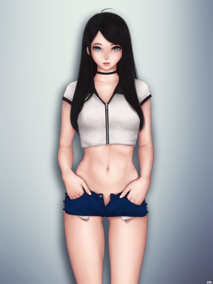 1girl abs absurdres ahoge aithne_(khalitzburg) black_hair choker crop_top denim denim_shorts female_focus hand_in_pocket highres khalitzburg_(user_2274420) legs long_hair looking_at_viewer navel no_panties o-ring o-ring_bottom original shirt short_shorts shorts simple_background solo standing unzipped zipper