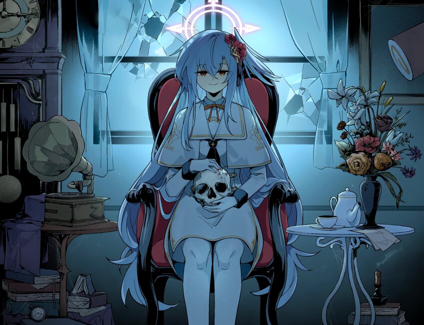 1girl absurdres aged_up alternate_costume blue_archive broken_window candle candlestand clock commission cup highres holding holding_skull looking_at_viewer maaki12 red_eyes school_uniform skull smile suzumi_(blue_archive) table tea_party_(blue_archive) teacup teapot