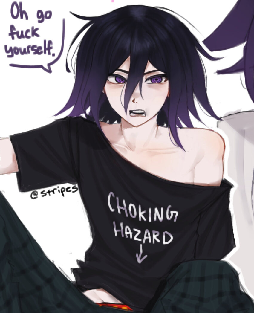 1boy black_hair black_shirt danganronpa_(series) danganronpa_v3:_killing_harmony english_text hair_between_eyes highres hungrystripes long_sleeves looking_at_viewer male_focus oma_kokichi open_mouth purple_eyes shirt short_hair short_sleeves single_bare_shoulder solo speech_bubble teeth