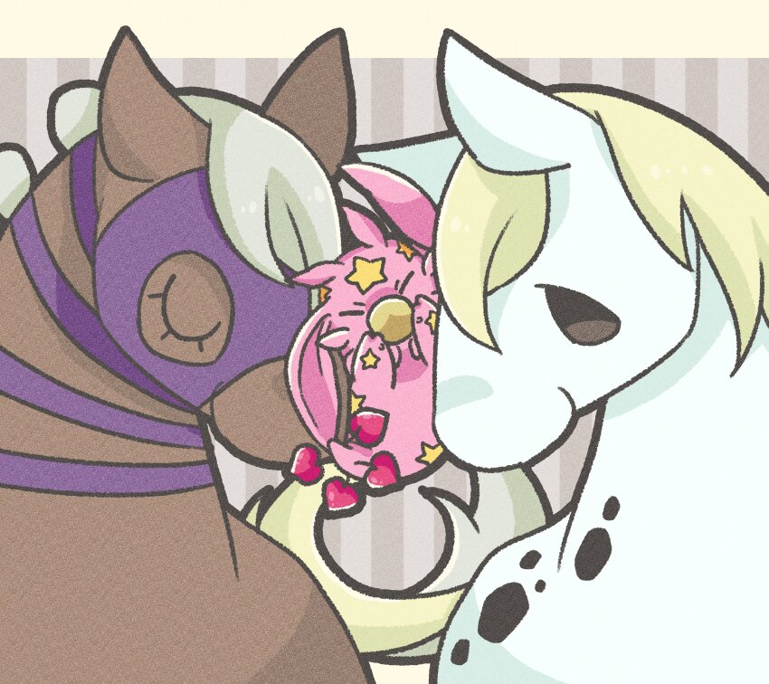 1other absurdres blonde_hair blue_eyes closed_eyes commentary grey_hair heart highres horse jojo_no_kimyou_na_bouken m_a_a_m_8 mask mask_on_head no_humans other_focus purple_mask slow_dancer_(jojo) star_(symbol) star_print steel_ball_run striped_background tusk_(stand) tusk_act1 valkyrie_(jojo)