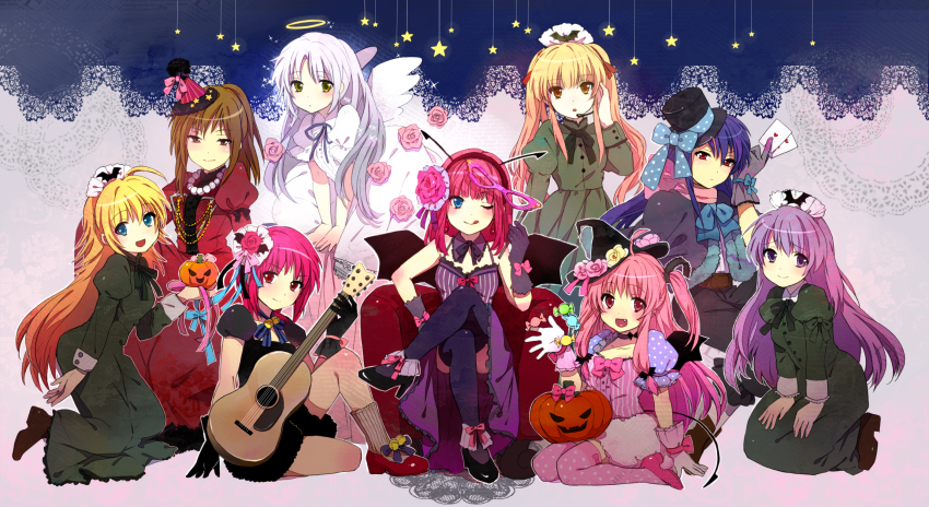 10s 6+girls :p acoustic_guitar angel angel_beats! angel_wings bad_id bad_pixiv_id bat_wings blush bow bowtie brown_hair card flower guitar hair_ornament halloween halo hat headset highres hisako_(angel_beats!) holding holding_card instrument irie_miyuki iwasawa_masami jack-o&#039;-lantern jewelry kneeling maid_headdress microphone multiple_girls necklace pink_hair pumpkin purple_hair sekine_shiori shiina_(angel_beats!) shiori silver_hair smile star_(symbol) tenshi_(angel_beats!) thighhighs tomako tongue tongue_out twintails two_side_up wings yui_(angel_beats!) nakamura_yuri yusa_(angel_beats!) yusacan