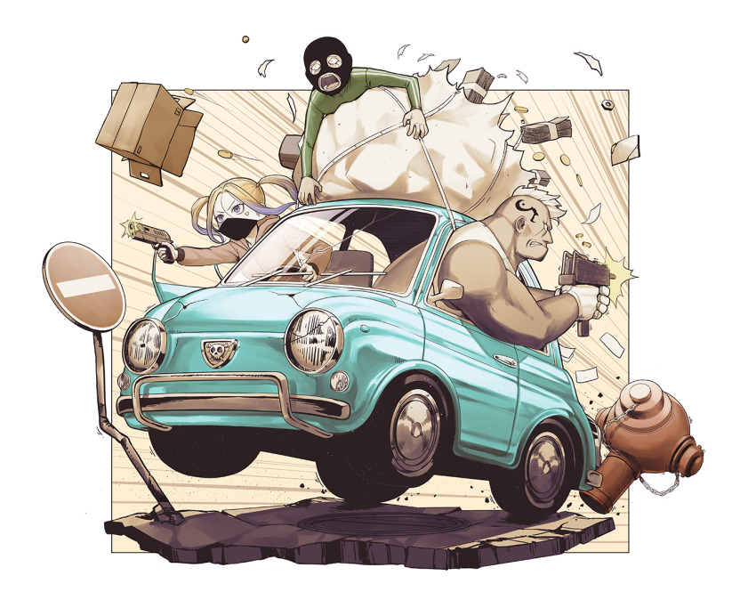 1girl 2boys aqua_car balaclava bald banknote bare_arms bare_shoulders blonde_hair box breasts brown_hoodie car cardboard_box chain clenched_teeth coin crying driving fire_hydrant firing gloves gradient_hair green_jacket gun handgun head_tattoo holding holding_gun holding_weapon hood hood_down hoodie jacket jchoy long_hair long_sleeves mask medium_breasts money money_bag motion_lines motor_vehicle mouth_mask multicolored_hair multiple_boys muscular muscular_male no_entry_sign open_mouth original profile puffy_long_sleeves puffy_sleeves purple_hair road_sign shirt sign sleeveless sleeveless_shirt speed_lines streaming_tears submachine_gun tears teeth uzi vehicle_request weapon weapon_request white_gloves white_shirt
