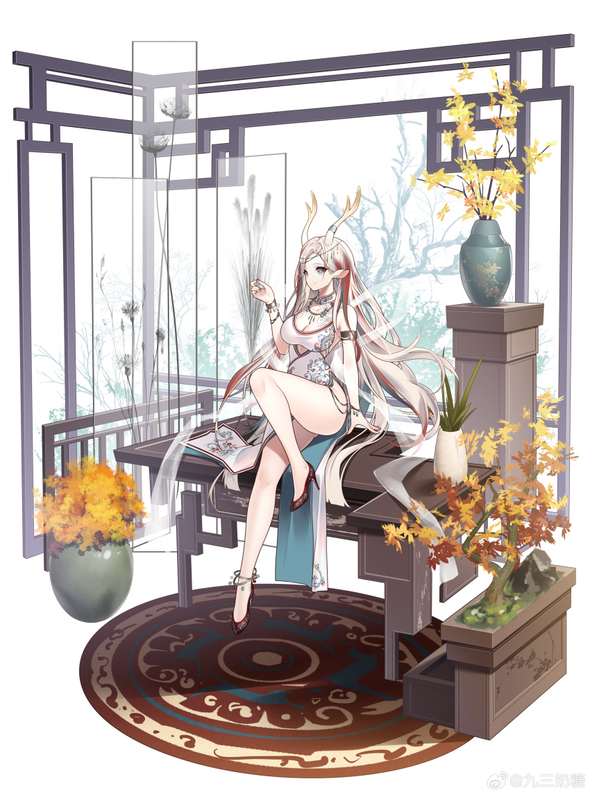 1girl a_deer_of_nine_colors absurdres alternate_costume animal_ears anklet antler_ring antlers arknights armlet bare_shoulders blue_eyes blue_nails bracelet breasts carpet china_dress chinese_clothes cleavage cleavage_cutout closed_mouth clothing_cutout commentary_request deer_antlers deer_ears deer_girl dress earrings gradient_hair hagoromo hand_up high_heels highres horns jewelry jiusan_naitang knee_up long_hair medium_breasts multicolored_hair multicolored_nails necklace nine-colored_deer on_table plant potted_plant red_footwear red_hair red_nails shawl sitting sleeveless sleeveless_dress smile solo table vase very_long_hair white_hair wide_shot