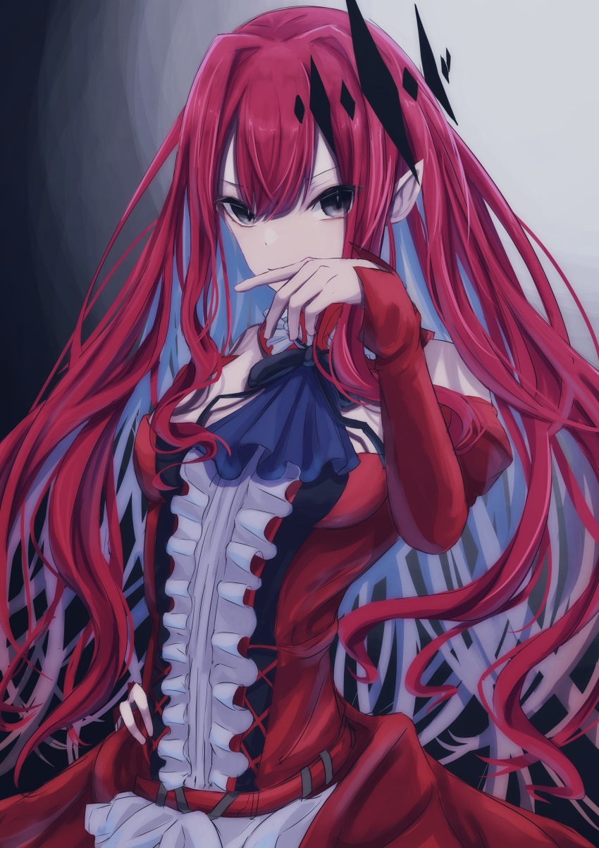 1girl absurdres baobhan_sith_(fate) baobhan_sith_(first_ascension)_(fate) bare_shoulders breasts detached_sleeves dress fate/grand_order fate_(series) frilled_dress frills gradient_background grey_eyes hair_ornament hand_on_own_hip hand_up highres long_hair long_sleeves looking_at_viewer medium_breasts pink_hair pointy_ears red_dress sidelocks small_breasts solo yagi_(yagi5art)
