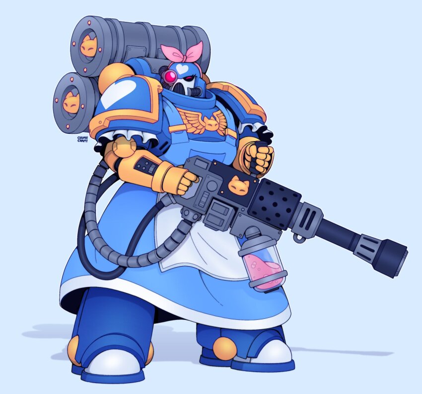 1other adeptus_astartes apron armor backpack bag blue_apron bow chumiicham flamer glowing glowing_eyes gun hair_bow heart heart_print helmet highres holding holding_gun holding_weapon power_armor pressure_washer shadow solo warhammer_40k weapon white_background
