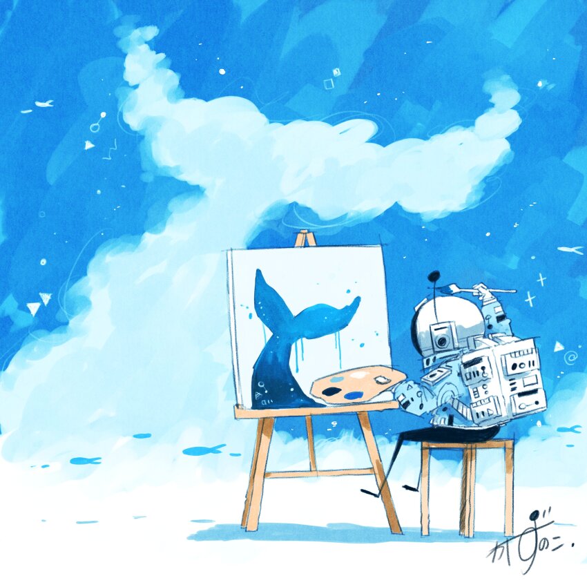 1other absurdres artist_name backpack bag blue_jacket blue_sky canvas_(object) cetacean_tail cloud easel fins fish fish_tail flying_fish gloves helmet highres holding holding_paint_palette holding_paintbrush jacket kazunoko_(kazunoko_zunoco) looking_at_object on_stool original outdoors paint_palette paintbrush painting_(action) painting_(object) radio_antenna signature sitting sky solo space_helmet stool tail white_gloves