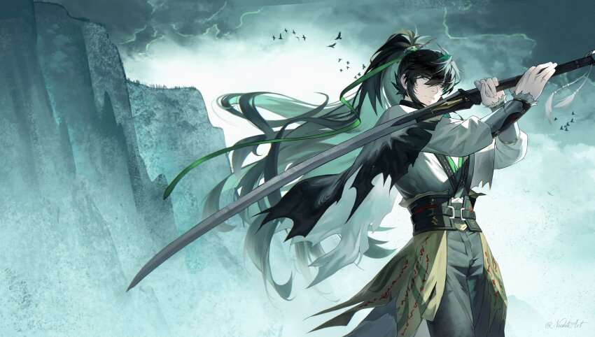 1boy absurdres black_hair black_pants chinese_clothes closed_mouth commentary cowboy_shot green_ribbon hair_between_eyes hair_ribbon highres holding holding_sword holding_weapon katana long_hair long_sleeves looking_at_viewer male_focus niahti pants ponytail qiuyuan_(wuthering_waves) ribbon shirt sidelocks signature solo sword symbol-only_commentary very_long_hair weapon white_shirt wuthering_waves yellow_eyes