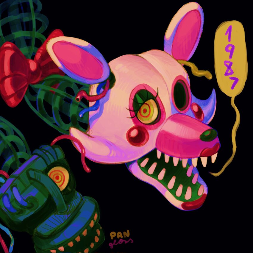 bow commentary corrupted_twitter_file english_commentary five_nights_at_freddy&#039;s five_nights_at_freddy&#039;s_2 highres looking_at_viewer mangle open_mouth pangloss_arte red_bow solo speech_bubble teeth yellow_eyes
