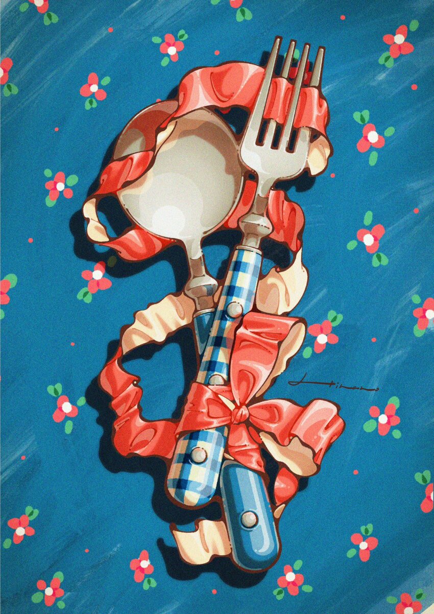 floral_background flower fork highres leaf no_humans object_focus original red_flower red_ribbon ribbon signature spoon still_life trym_hinano