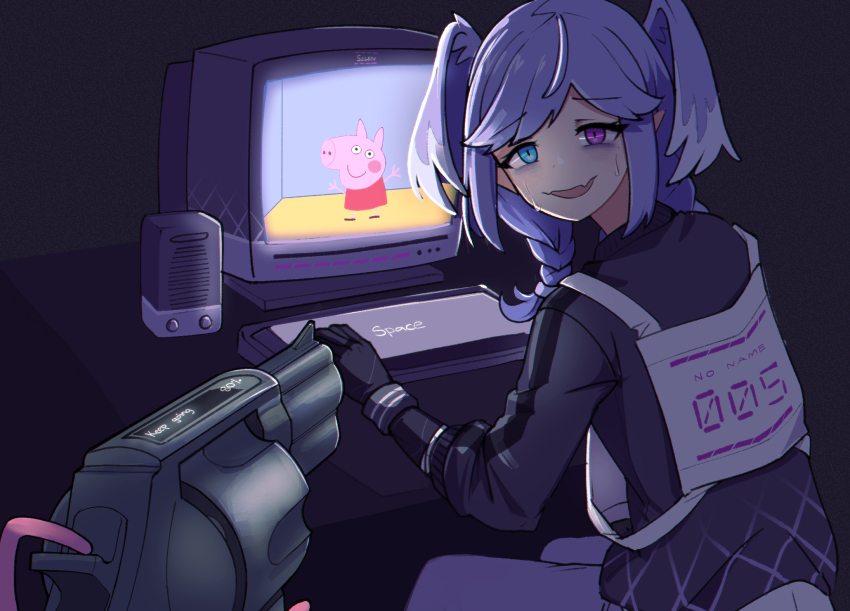 1girl aiming at_computer at_gunpoint bags_under_eyes black_sweater blue_eyes braid computer dragon_girl fang from_behind gun handgun head_wings heterochromia highres jacy computer_keyboard looking_at_viewer looking_back medium_hair monitor nijisanji nijisanji_en pants peppa_pig peppa_pig_(series) pistol pointy_ears purple_eyes purple_hair purple_pants revolver selen_tatsuki selen_tatsuki_(1st_costume) skin_fang sweater sweatpants twin_braids virtual_youtuber weapon wings
