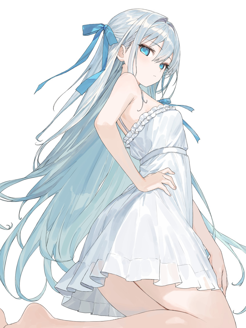 1girl :| absurdres bare_arms bare_shoulders blue_eyes blue_ribbon breasts closed_mouth commentary dress frilled_dress frills grey_hair hair_between_eyes hair_intakes hair_ribbon hand_on_own_hip highres karyln kneeling long_hair looking_at_viewer off-shoulder_dress off_shoulder original ribbon short_dress sleeveless sleeveless_dress small_breasts solo sundress symbol-only_commentary very_long_hair white_background white_dress