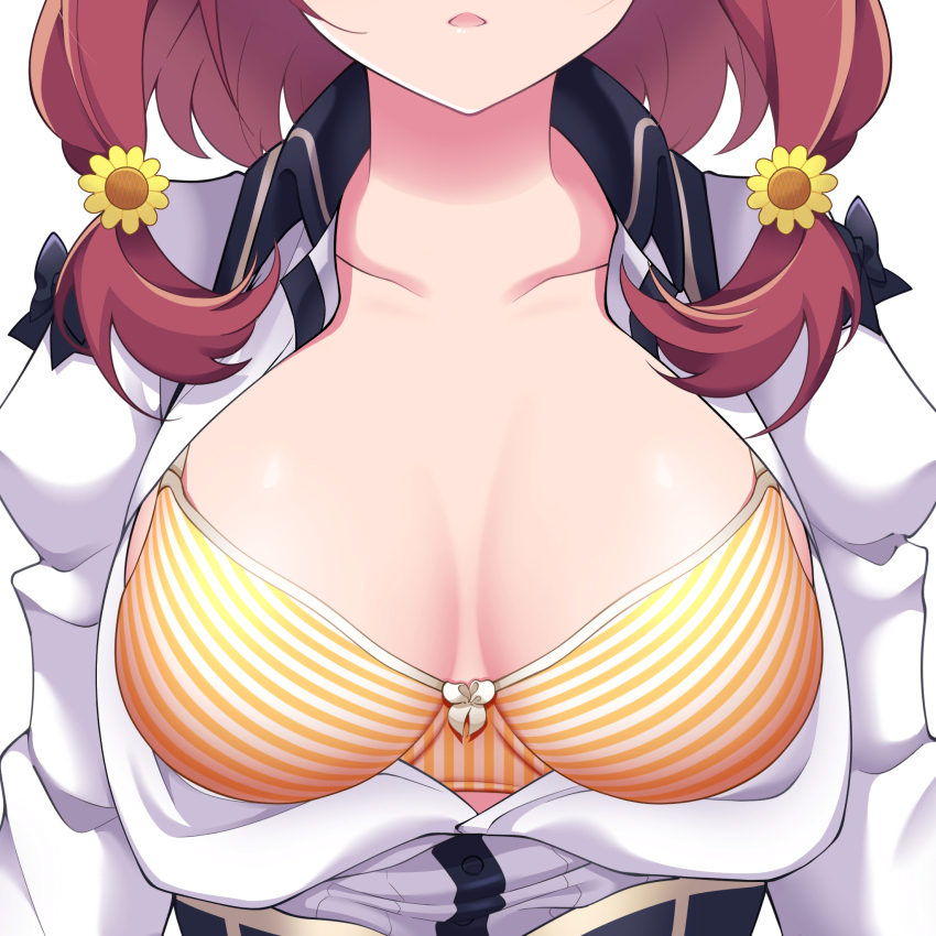 1girl akatsuki_hinata alternate_breast_size bow bow_bra bra breasts cleavage collarbone face_cutout flower hair_flower hair_ornament highres long_hair medium_breasts omega_labyrinth_life open_clothes red_hair school_uniform simple_background striped_bra striped_clothes sunflower sunflower_hair_ornament u35 underwear white_background yellow_bra
