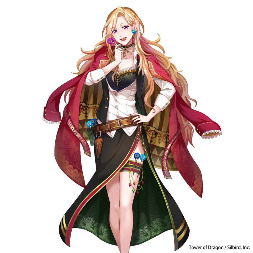 1girl :d belt belt_pouch black_neckwear black_skirt braid breasts cleavage copyright_name dart female_focus hand_on_own_hip hand_up highres jacket jacket_on_shoulders jewelry long_hair looking_at_viewer nail_polish necklace official_art open_clothes open_mouth open_vest pouch purple_eyes red_jacket red_nails ring skirt smile solo standing thigh_strap tower_of_dragon vest yamabuki_kanon