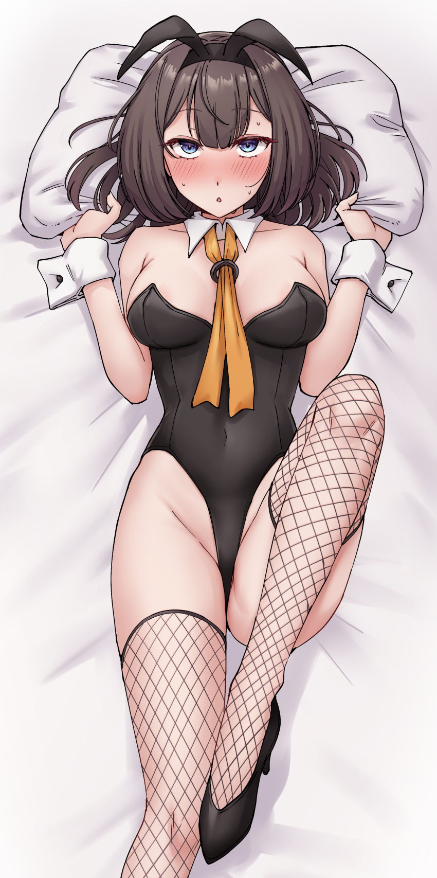 1girl absurdres akizuki_(kancolle) alternate_costume animal_ear_hairband animal_ears black_leotard black_shoes detached_collar fake_animal_ears fishnet_thighhighs fishnets hairband high_heels highres kantai_collection kiritto leotard looking_at_viewer looking_back lying necktie on_back orange_necktie playboy_bunny rabbit_ears rabbit_tail shoes strapless strapless_leotard tail thighhighs wrist_cuffs