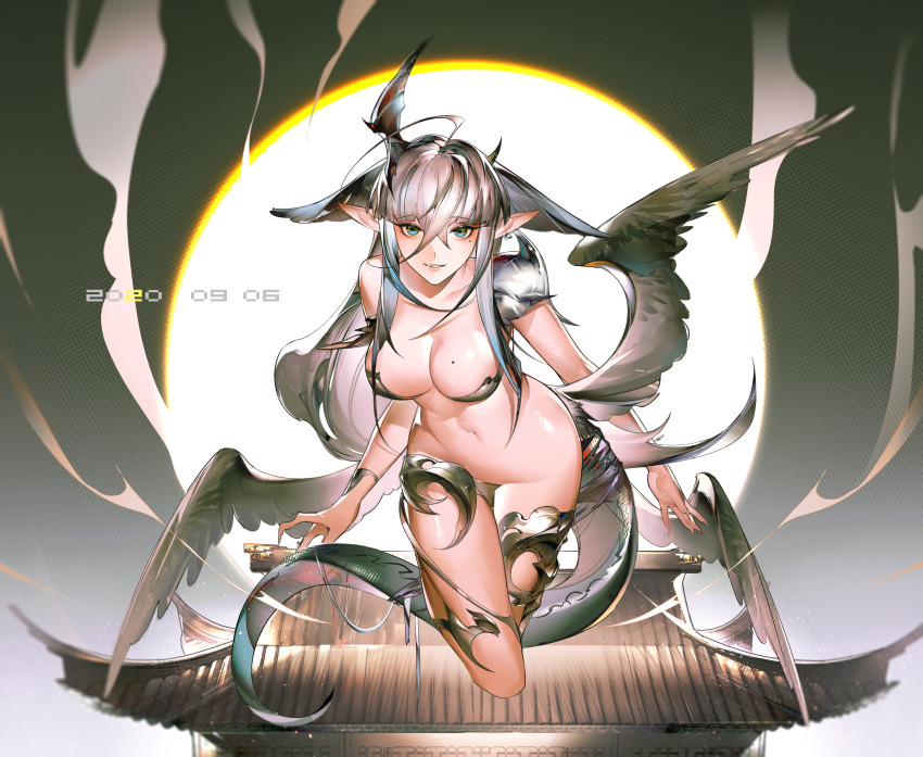 1girl aqua_eyes breasts cleavage copyright_request dated earrings fang floating full_moon grey_hair hair_between_eyes highres jewelry long_hair medium_breasts mole mole_on_breast mole_under_eye moon multiple_wings navel parted_lips pointy_ears revealing_clothes shang_fa shiny_skin single_shoulder_pad solo tail wings