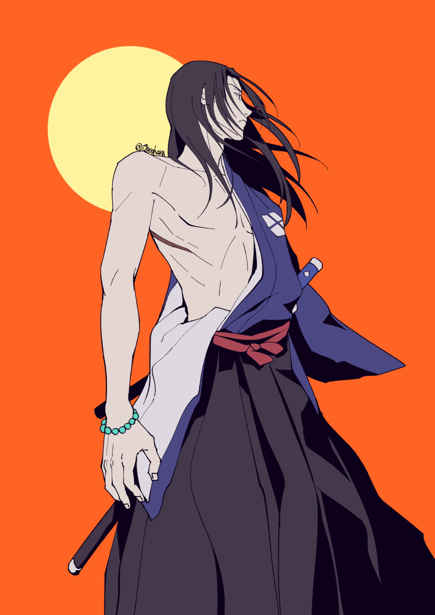 1boy absurdres bead_bracelet beads black_hair black_hakama blue_shirt bracelet closed_mouth cowboy_shot facing_to_the_side hakama highres igusaharu japanese_clothes jewelry jinnosuke katana long_hair male_focus open_clothes open_shirt orange_background parted_bangs samurai_champloo shirt single_bare_shoulder solo sword twitter_username upper_body weapon