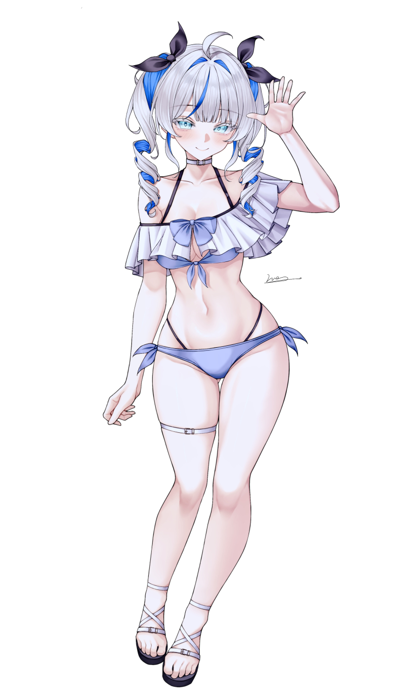 1girl absurdres ahoge aokumo_rin bare_shoulders bikini blue_bikini blue_eyes blue_hair breasts choker cleavage closed_mouth colored_eyelashes commentary drill_hair frilled_bikini frills front-tie_bikini_top front-tie_top gluteal_fold hair_ribbon hand_up highres long_hair looking_at_viewer medium_breasts multi-strapped_bikini_bottom multicolored_hair navel ribbon sandals side-tie_bikini_bottom simple_background smile solo stellive stomach streaked_hair string_bikini swimsuit symbol-only_commentary thigh_gap thigh_strap thighs twin_drills twintails two-tone_hair vini_(frisco) virtual_youtuber white_background white_choker white_eyelashes white_hair