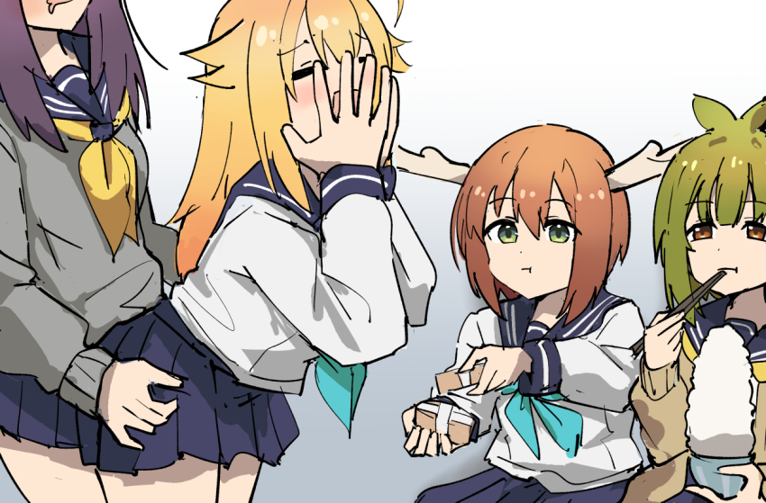 4girls =_= bashame_meme blonde_hair blue_skirt bowl brown_eyes brown_hair cardigan chopsticks commentary_request covering_face deer_cracker dry_humping eating gradient_background green_eyes grey_background grey_cardigan holding holding_chopsticks humping incest koshi_anko_(shikanoko) koshi_torako long_hair long_sleeves looking_at_another meme multiple_girls photo-referenced pleated_skirt potechi_aneki_(meme) rice_bowl school_uniform shikanoko_noko shikanoko_nokonoko_koshitantan short_hair siblings simple_background sisters sitting skirt tenten_(chan4545) yuri