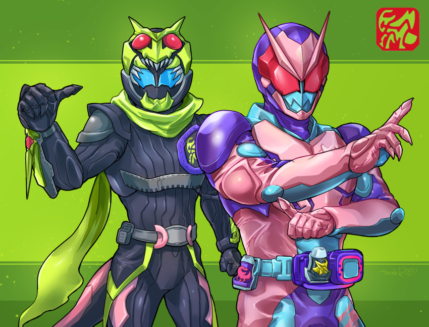 2boys adapted_costume animal_hood antennae armor blue_eyes bug commentary_request demon demon_boy grasshopper green_scarf highres hood huujyu insect kamen_rider kamen_rider:_beyond_generations kamen_rider_01_(series) kamen_rider_revi kamen_rider_revice kamen_rider_vice male_focus multiple_boys neo-batta_genome pink_armor pointing purple_armor reiwa rising_hopper scarf tokusatsu vistamp