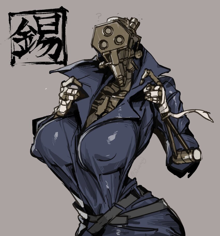1girl ? bandaged_arm bandages belt black_belt blue_jumpsuit breasts brown_background extra_eyes grey_background highres humanoid_robot joints juerucj jumpsuit kenshi large_breasts open_collar popped_collar robot robot_joints simple_background skeleton_(kenshi) solo twitter_username upper_body