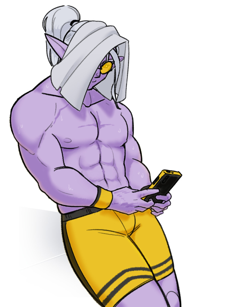 1boy abs bare_pectorals biceps cellphone colored_skin commentary cowboy_shot demon_boy dragon_ball dragon_ball_heroes dragon_ball_xenoverse english_commentary fu_(dragon_ball) glasses highres holding holding_phone leaning looking_at_phone male_focus male_swimwear muscular muscular_male one_eye_covered pectorals phone pointy_ears ponytail purple_skin red_eyes round_eyewear scar scar_on_chest scar_on_hand single_bang solo sweat sweatband swim_trunks theanniehilator tinted_eyewear topless_male towel towel_on_head undercut white_hair yellow-tinted_eyewear