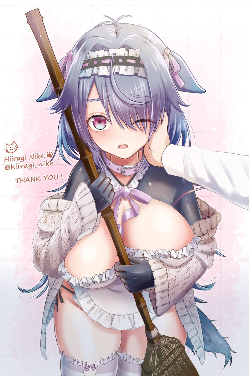 1girl absurdres animal_collar apron artist_name black_hairband bow breasts broom cardigan collar frilled_hairband frilled_thighhighs frills grey_cardigan grey_hair grey_shrug hairband hand_on_another&#039;s_cheek hand_on_another&#039;s_face highres hiiragi_nike holding holding_broom indie_virtual_youtuber large_breasts long_hair long_sleeves menace_mamaki one_eye_closed open_cardigan open_clothes pink_bow pink_collar purple_eyes purple_ribbon ribbon shrug_(clothing) striped_clothes striped_thighhighs thank_you thighhighs twitter_username virtual_youtuber white_apron