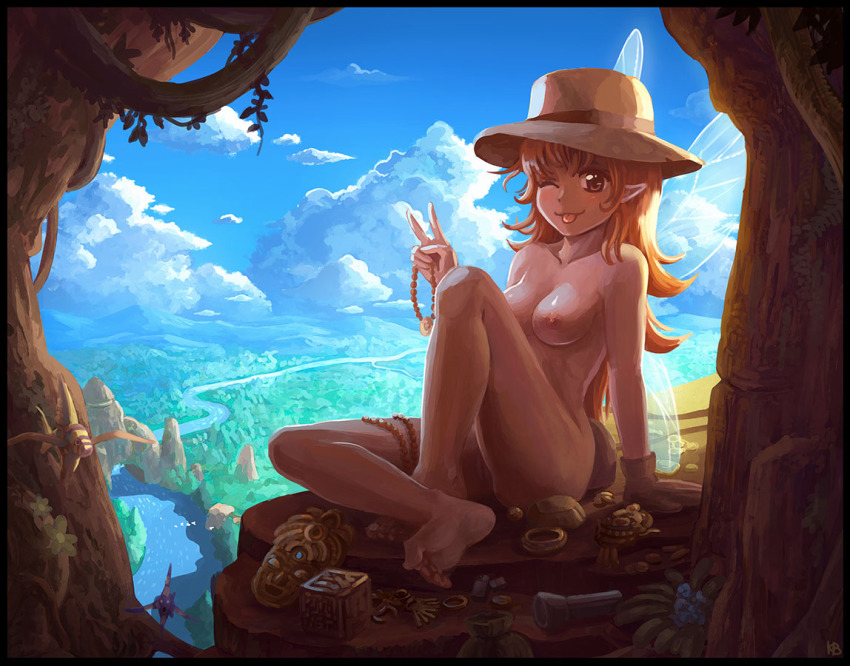 1girl :3 ;p barefoot bracelet breasts brown_hair cleavage cliff cloud day fairy feet felarya female_focus forest hat jewelry karbo legs long_hair mask md5_mismatch medium_breasts nature nipples nude nudist one_eye_closed outdoors pointy_ears resized resolution_mismatch river scenery sky soles solo source_larger subeta toes tongue tongue_out v wings wink